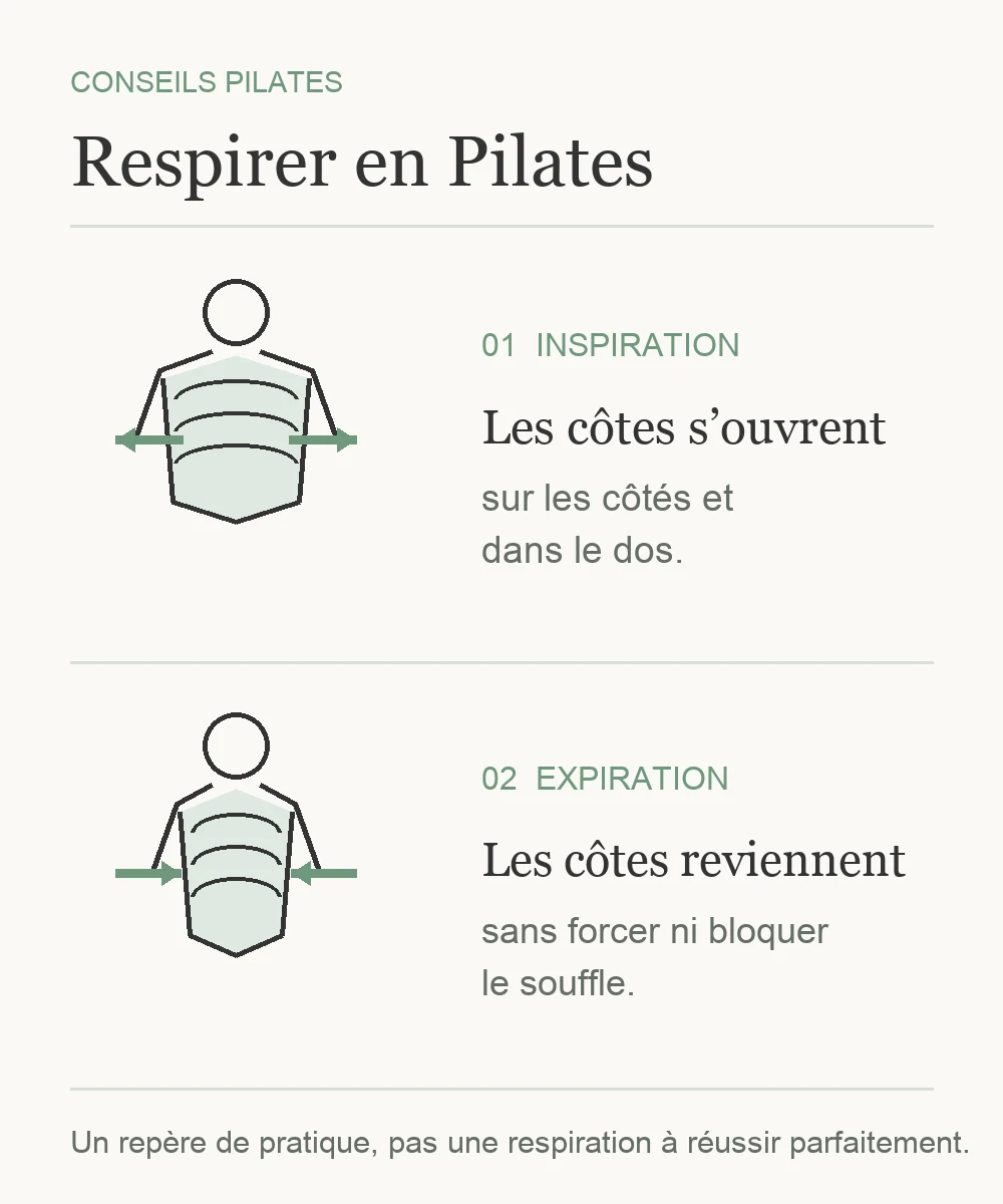 Respiration latérale en Pilates : les côtes s’ouvrent à l’inspiration et reviennent à l’expiration