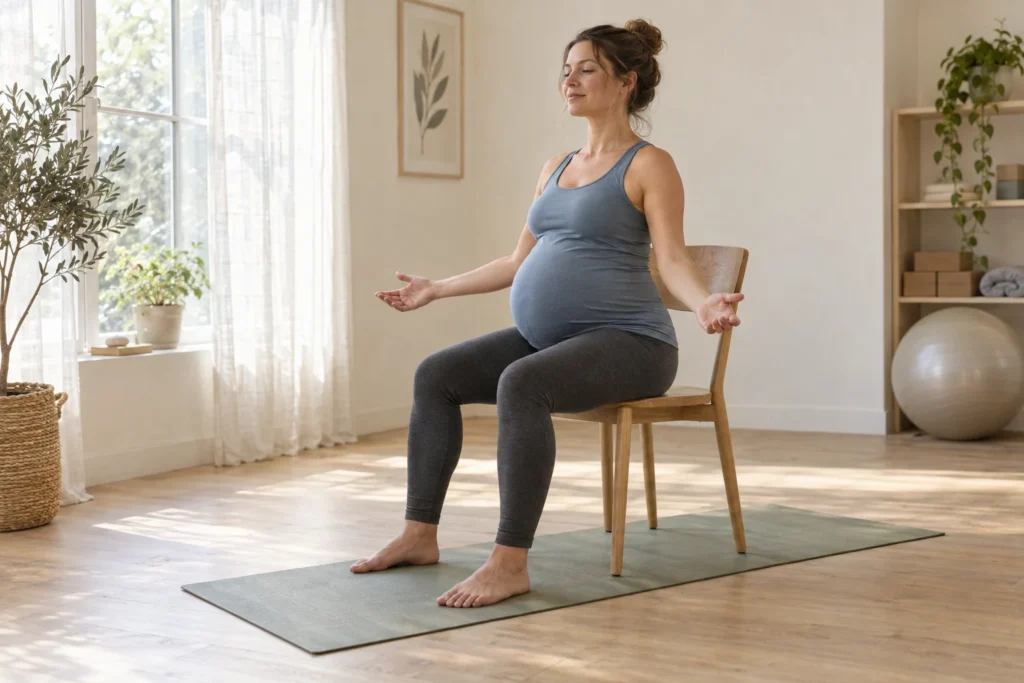 Femme en fin de grossesse assise sur une chaise stable, les pieds au sol et les bras ouverts pendant une séance de Pilates doux